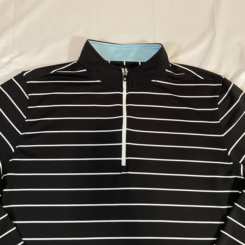 FootJoy Mens XL Black White Striped Quarter Zip Golf Pullover Cabarrus Logo